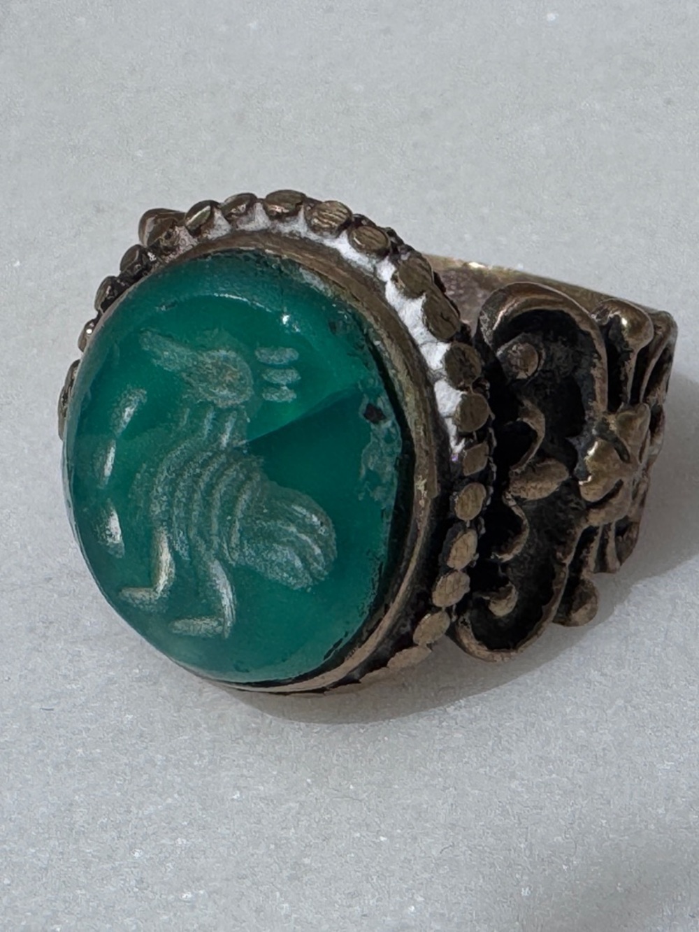 Vintage rooster? Brass Ring with Green Intaglio Stone